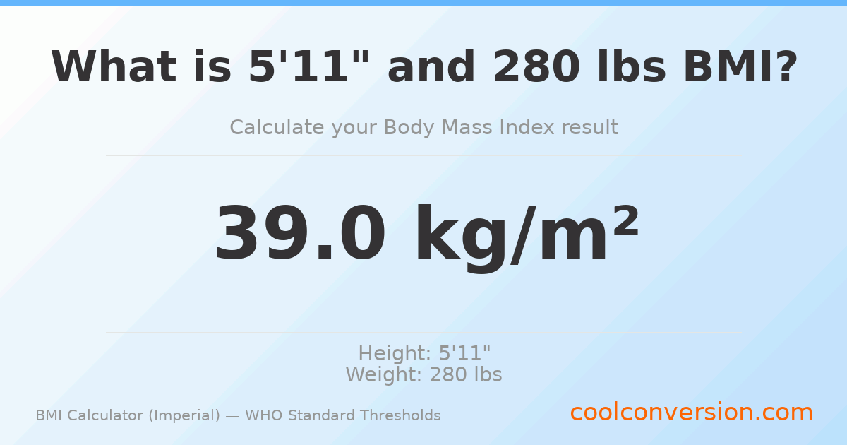 BMI 39.0 (Obese) — 5'11" / 280 lbs