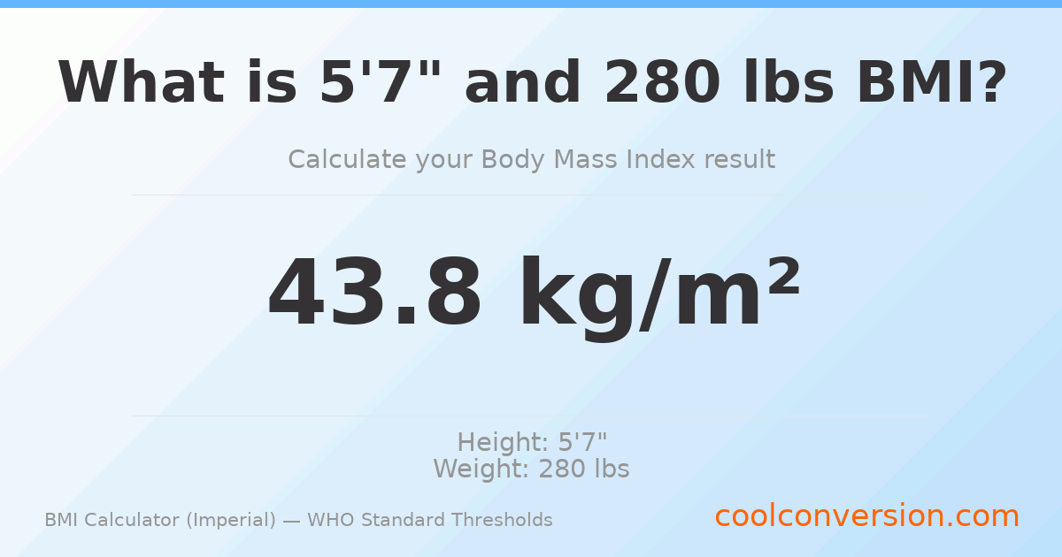 BMI 43.8 (Obese) — 5'7" / 280 lbs