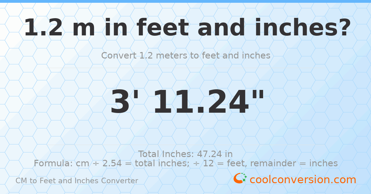 1.2 m to feet and inches — 1.2 m = 3'11.24"