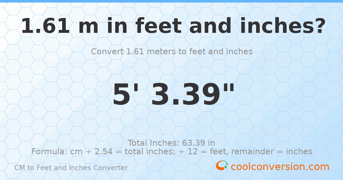 1.61 m to feet and inches — 1.61 m = 5'3.39"