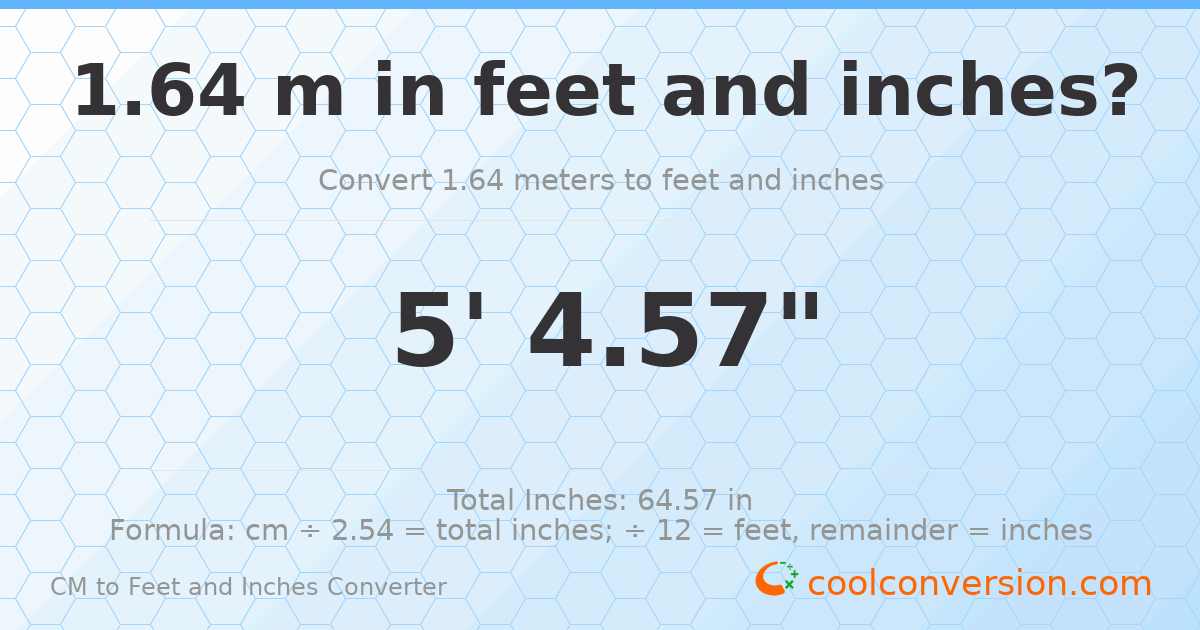 1.64 m to feet and inches — 1.64 m = 5'4.57"