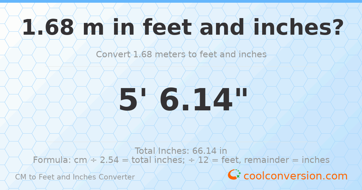 1.68 m to feet and inches — 1.68 m = 5'6.14"