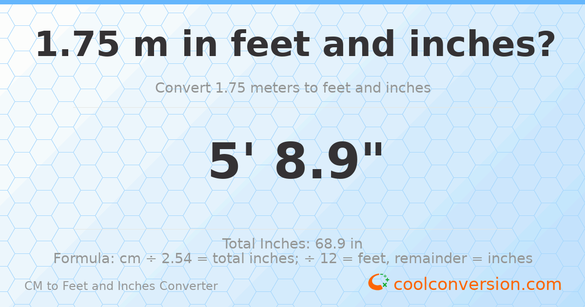 1.75 m to feet and inches — 1.75 m = 5'8.9"