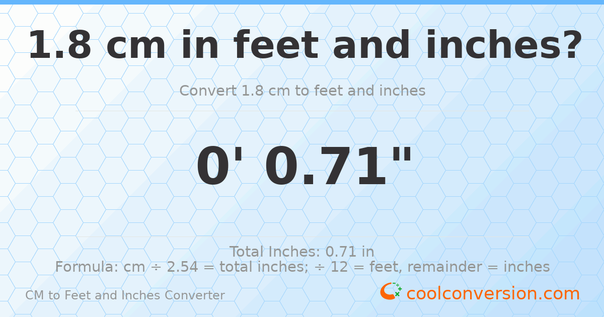 1.8 cm to feet and inches — 1.8 cm = 0'0.71"
