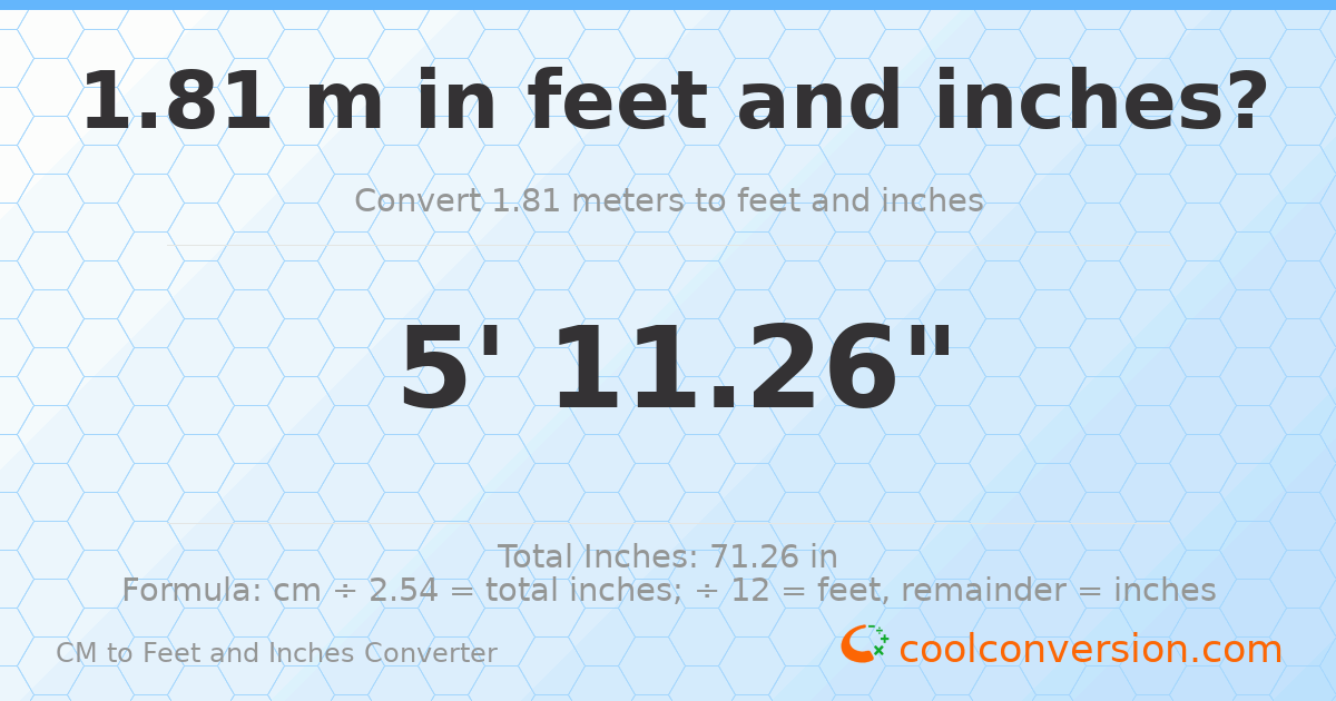 1.81 m to feet and inches — 1.81 m = 5'11.26"