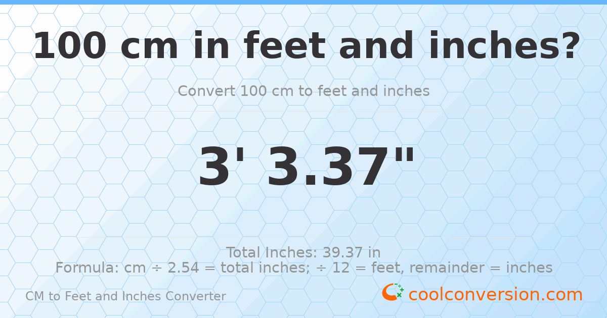 100 cm to feet and inches — 100 cm = 3'3.37"
