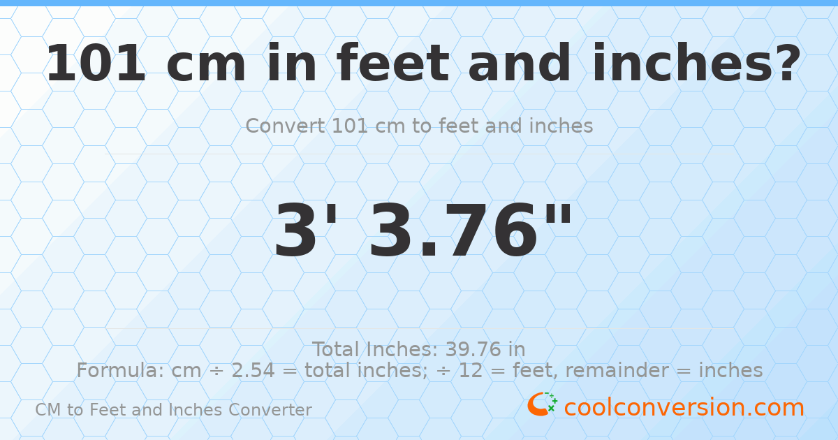 101 cm to feet and inches — 101 cm = 3'3.76"