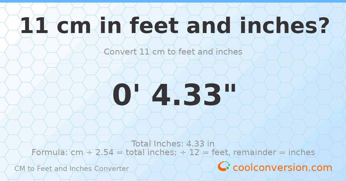 11 cm to feet and inches — 11 cm = 0'4.33"