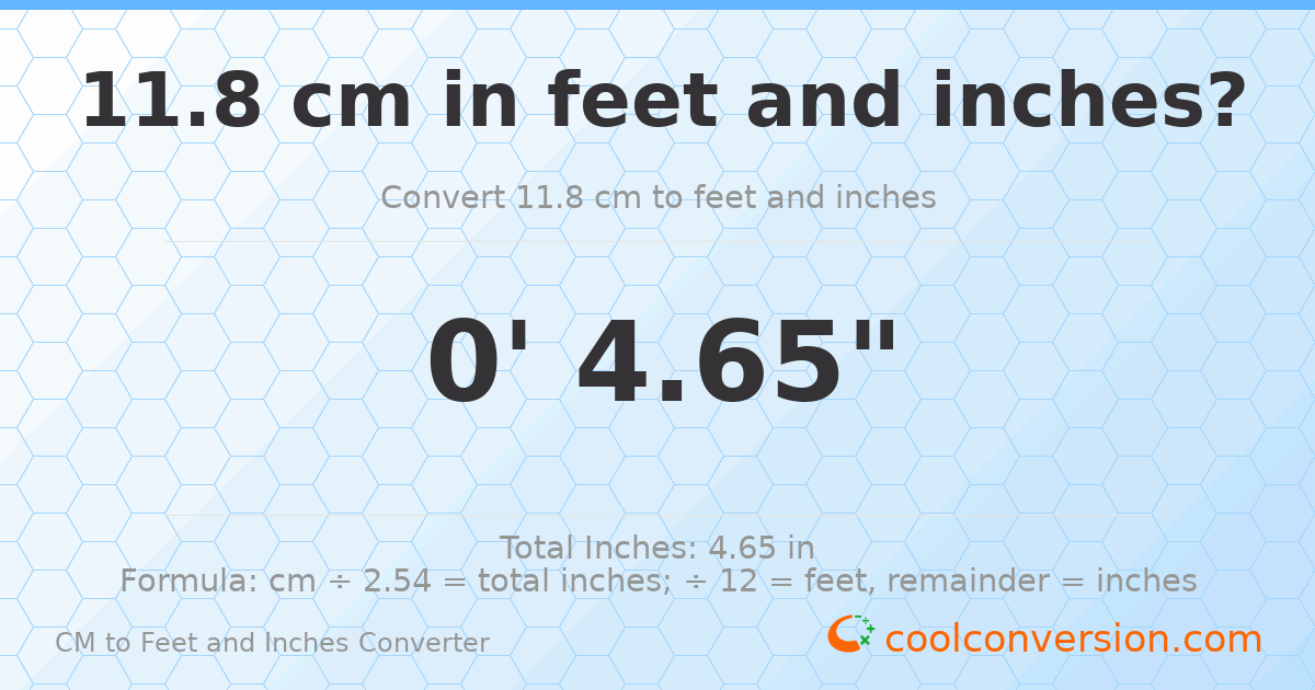 11.8 cm to feet and inches — 11.8 cm = 0'4.65"