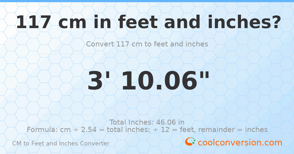 117 cm to feet and inches — 117 cm = 3'10.06"