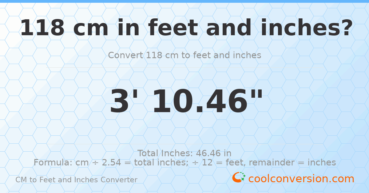 118 cm to feet and inches — 118 cm = 3'10.46"