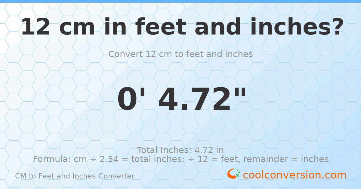 12 cm to feet and inches — 12 cm = 0'4.72"