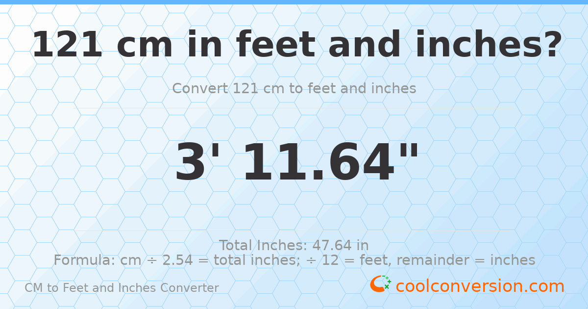 121 cm to feet and inches — 121 cm = 3'11.64"