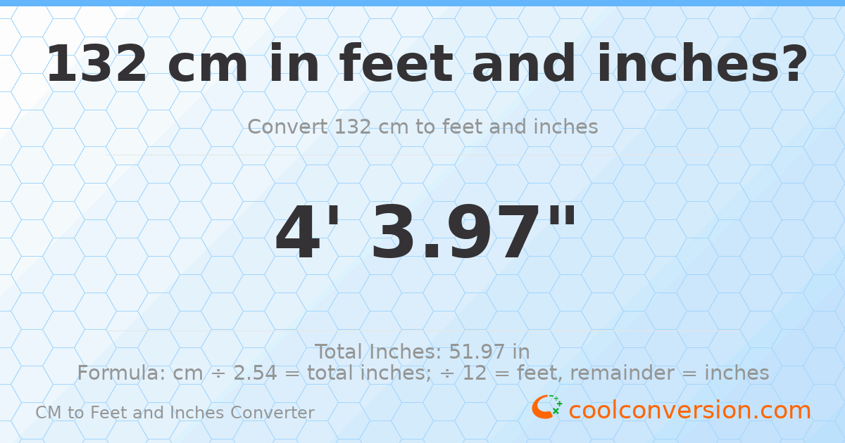 132 cm to feet and inches — 132 cm = 4'3.97"