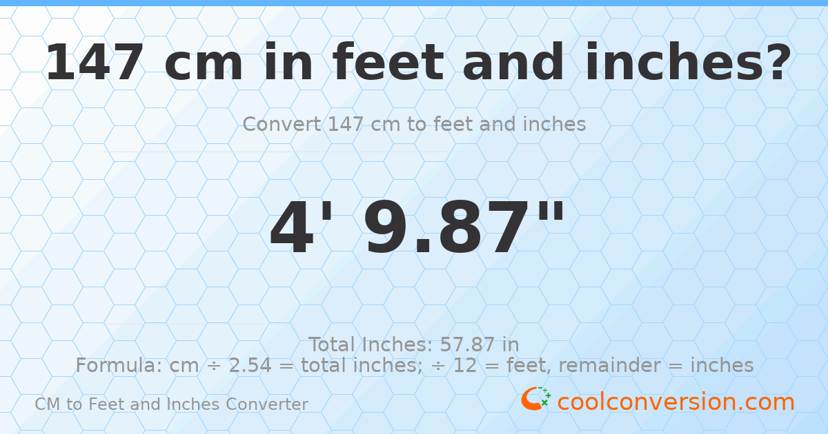 147 cm to feet and inches — 147 cm = 4'9.87"