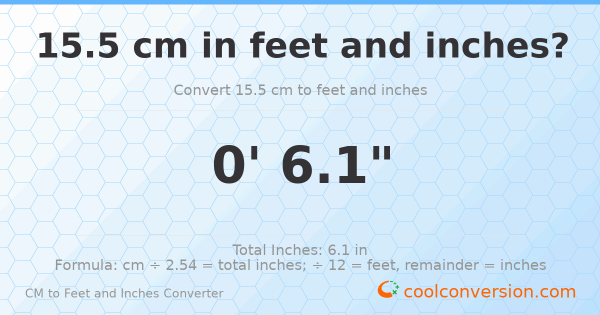 15.5 cm to feet and inches — 15.5 cm = 0'6.1"