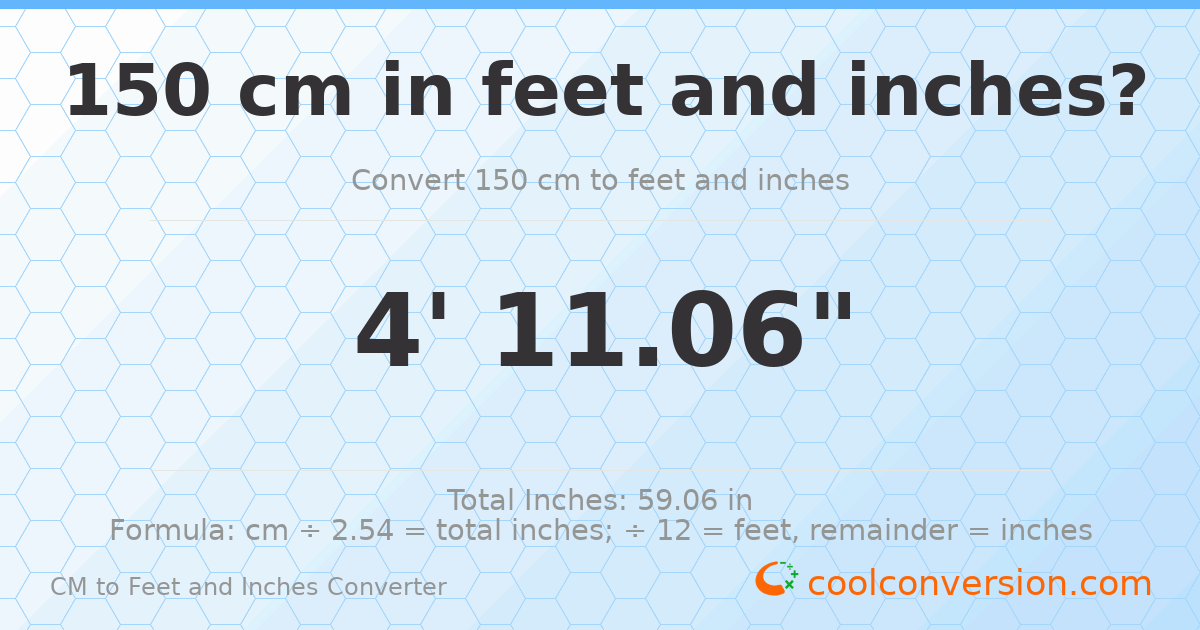 150 cm to feet and inches — 150 cm = 4'11.06"
