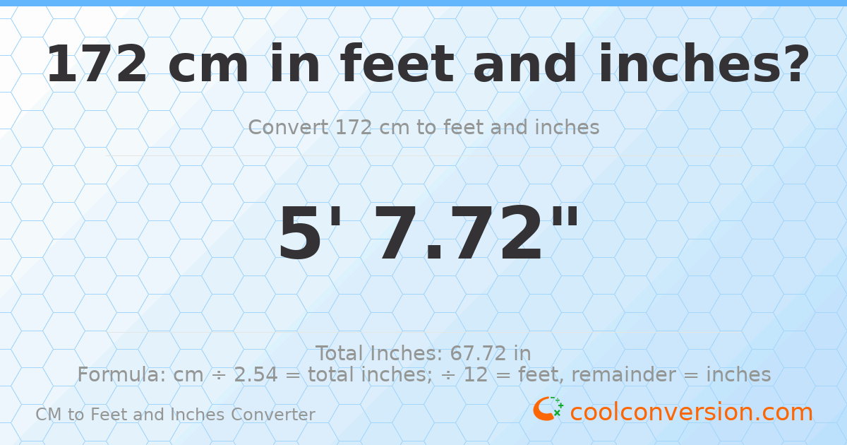 172 cm to feet and inches — 172 cm = 5'7.72"