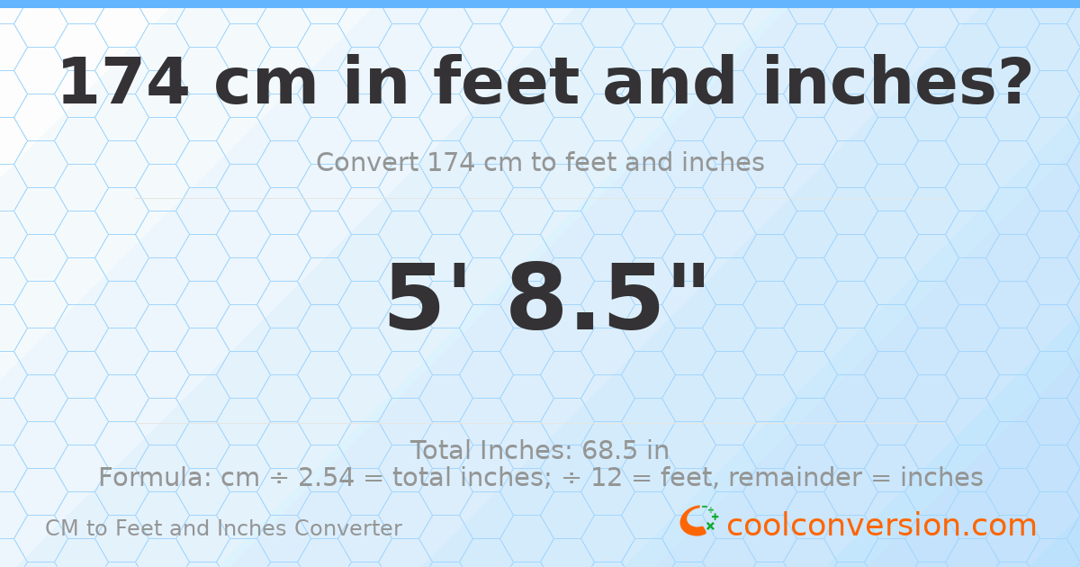 174 cm to feet and inches — 174 cm = 5'8.5"