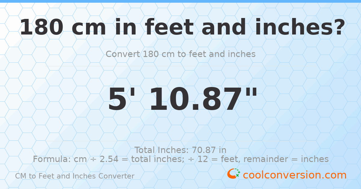 180 cm to feet and inches — 180 cm = 5'10.87"