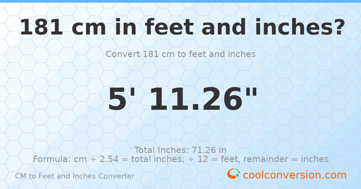 181 cm to feet and inches — 181 cm = 5'11.26"