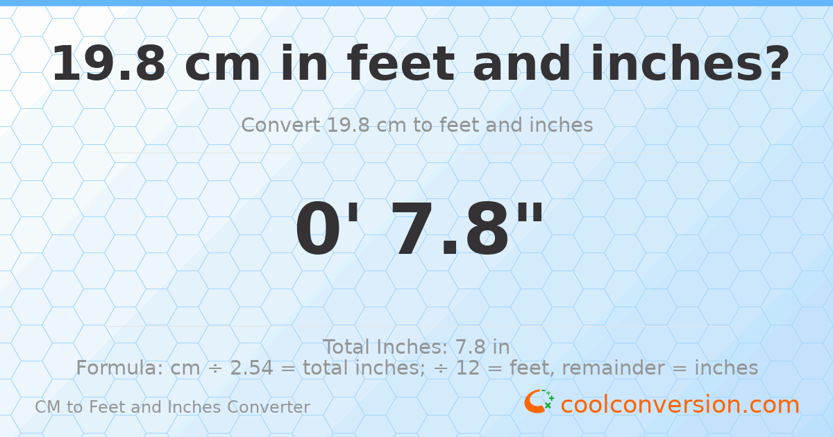 19.8 cm to feet and inches — 19.8 cm = 0'7.8"