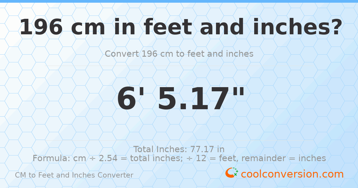 196 cm to feet and inches — 196 cm = 6'5.17"