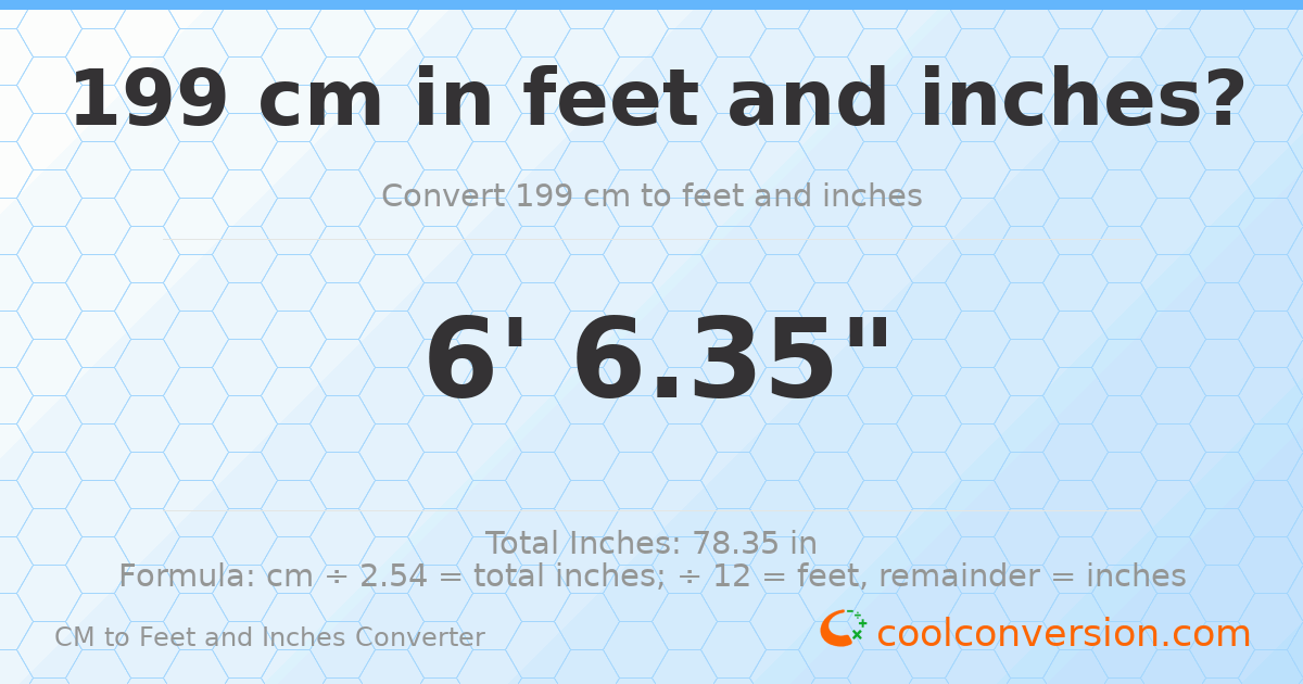 199 cm to feet and inches — 199 cm = 6'6.35"