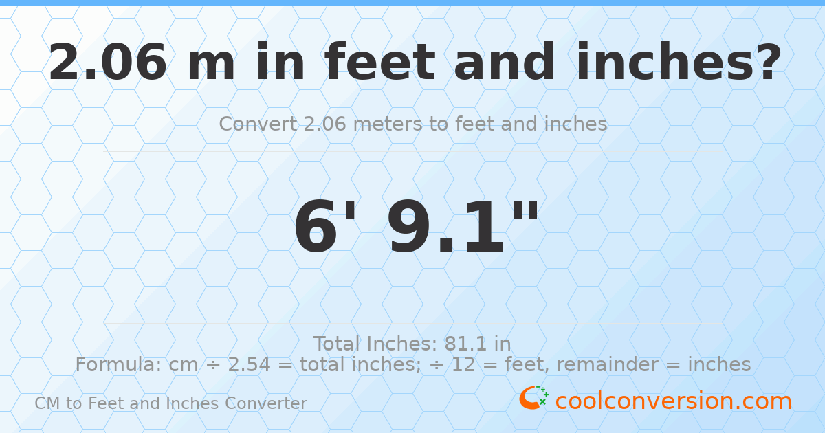 2.06 m to feet and inches — 2.06 m = 6'9.1"