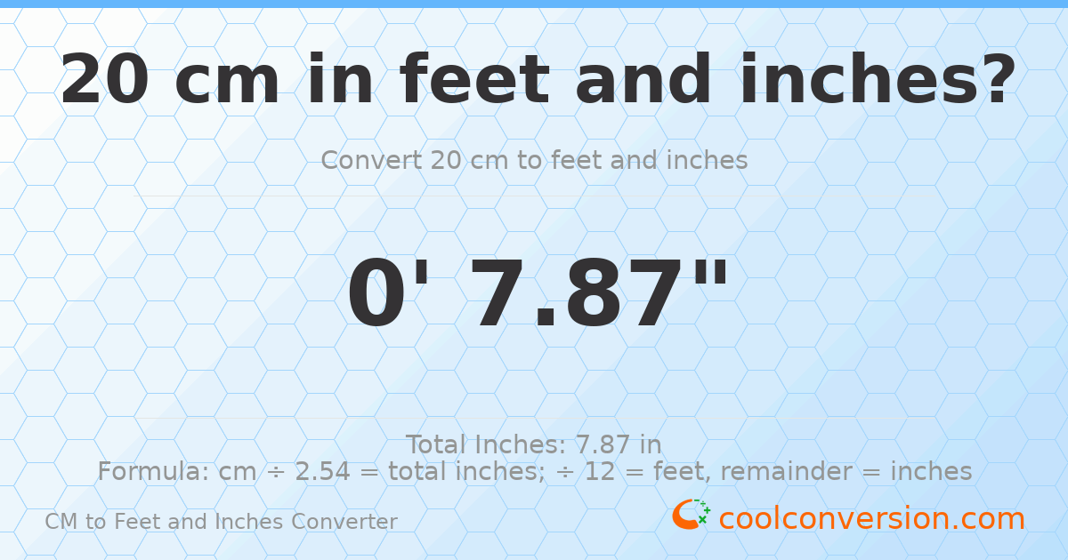 20 cm to feet and inches — 20 cm = 0'7.87"