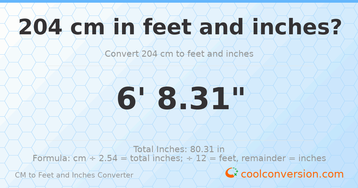 204 cm to feet and inches — 204 cm = 6'8.31"
