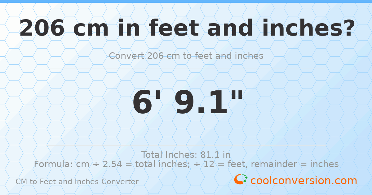 206 cm to feet and inches — 206 cm = 6'9.1"