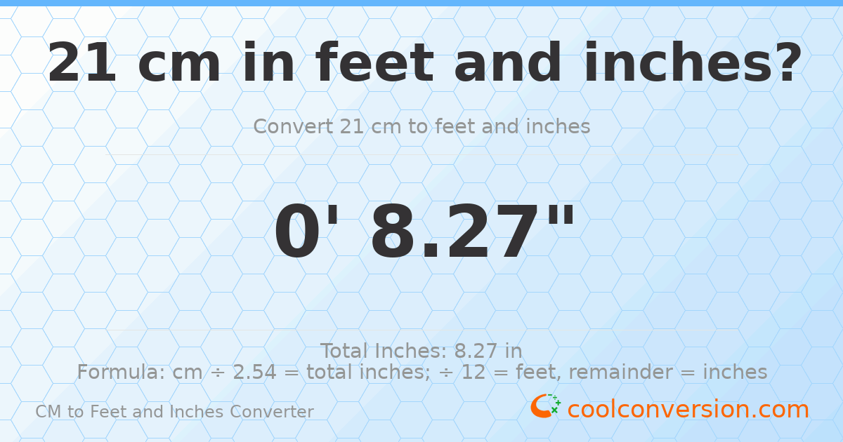 21 cm to feet and inches — 21 cm = 0'8.27"