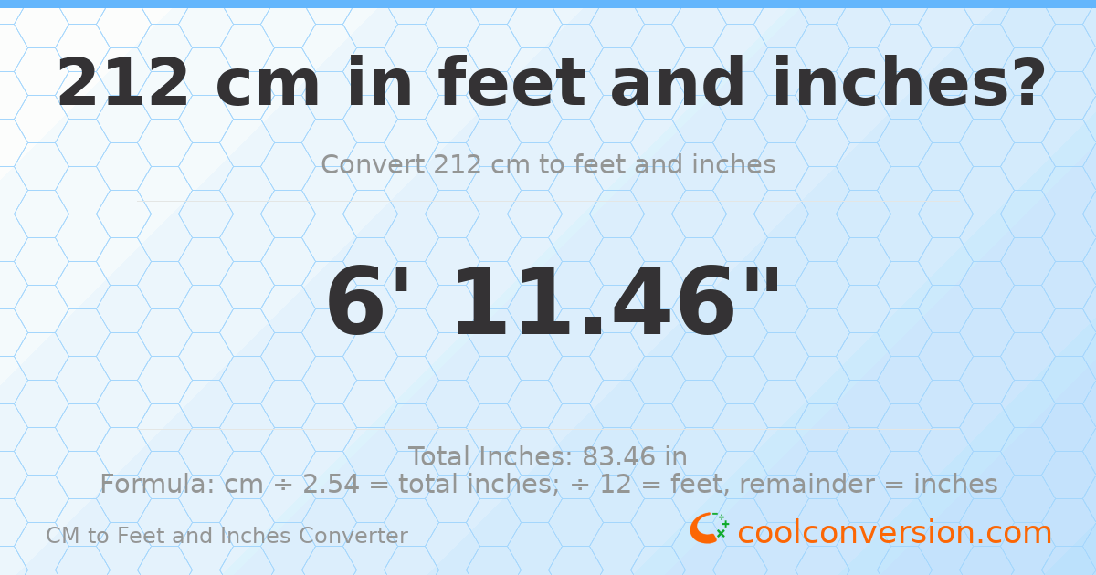 212 cm to feet and inches — 212 cm = 6'11.46"