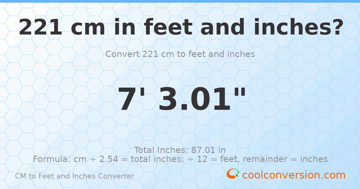 221 cm to feet and inches — 221 cm = 7'3.01"