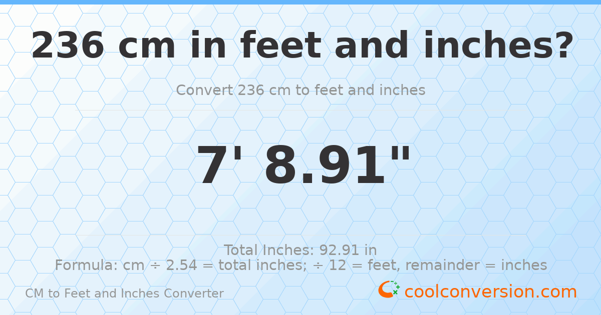 236 cm to feet and inches — 236 cm = 7'8.91"