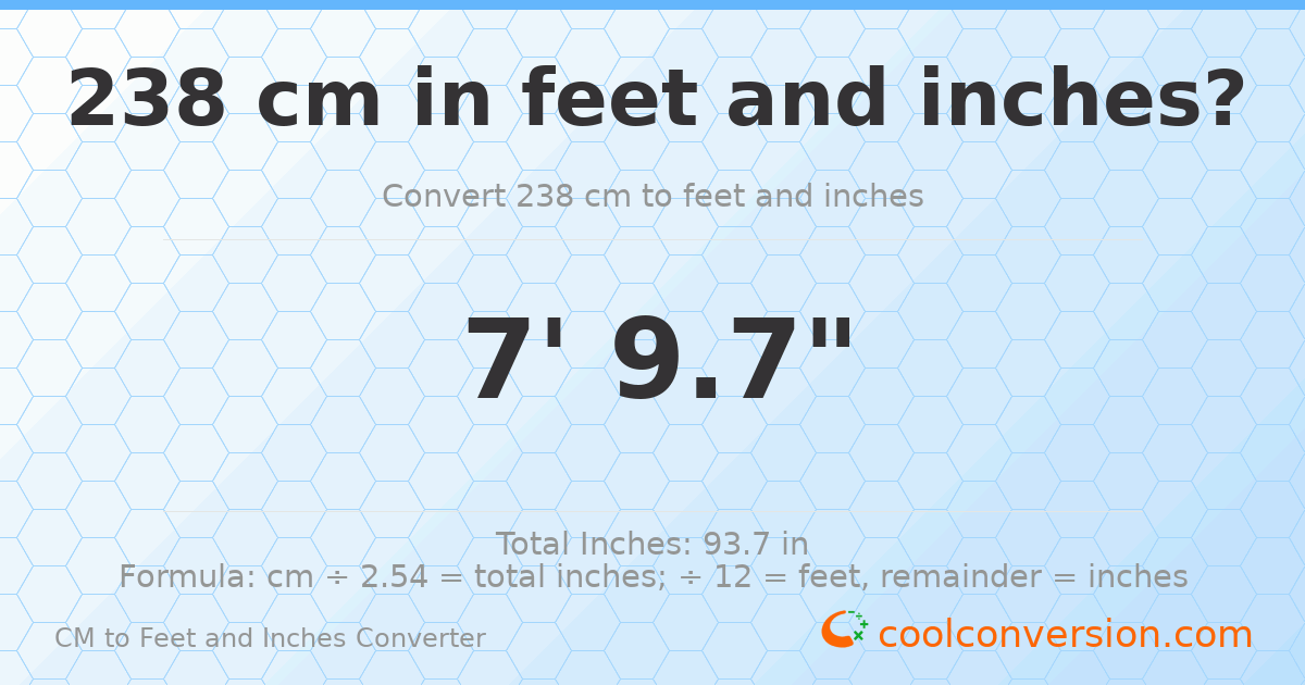 238 cm to feet and inches — 238 cm = 7'9.7"