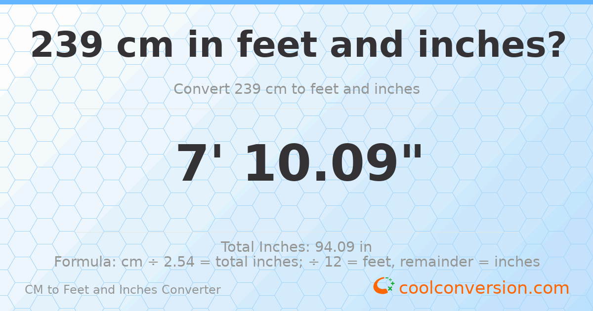 239 cm to feet and inches — 239 cm = 7'10.09"