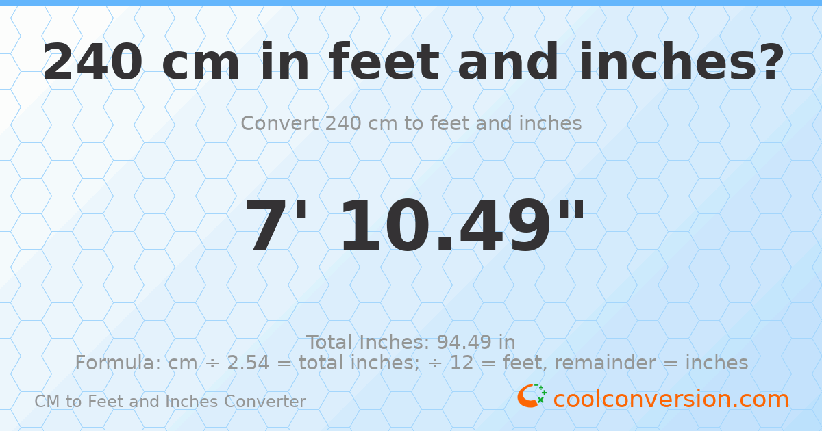 240 cm to feet and inches — 240 cm = 7'10.49"