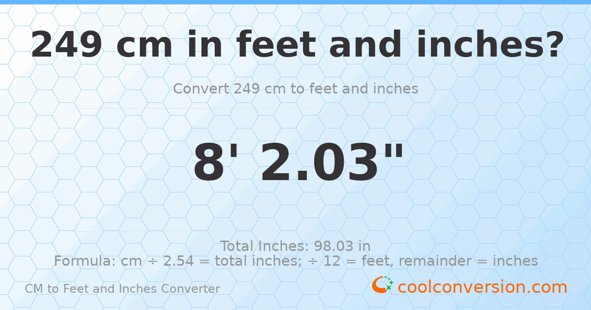 249 cm to feet and inches — 249 cm = 8'2.03"