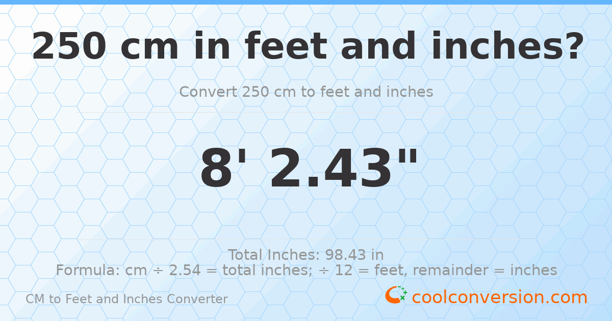 250 cm to feet and inches — 250 cm = 8'2.43"