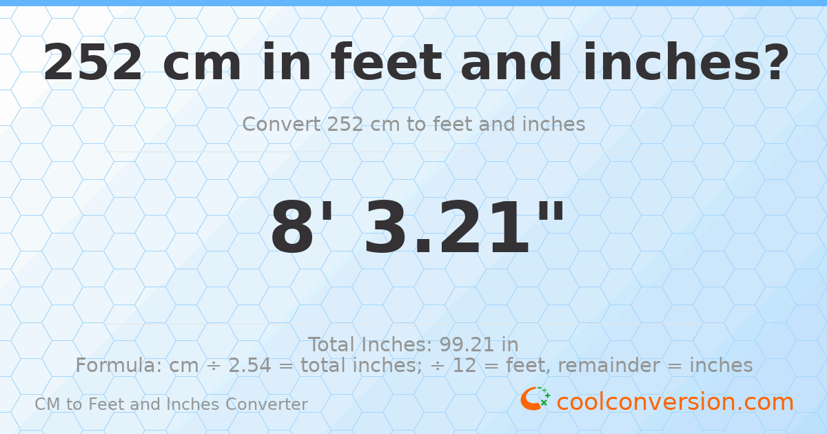 252 cm to feet and inches — 252 cm = 8'3.21"