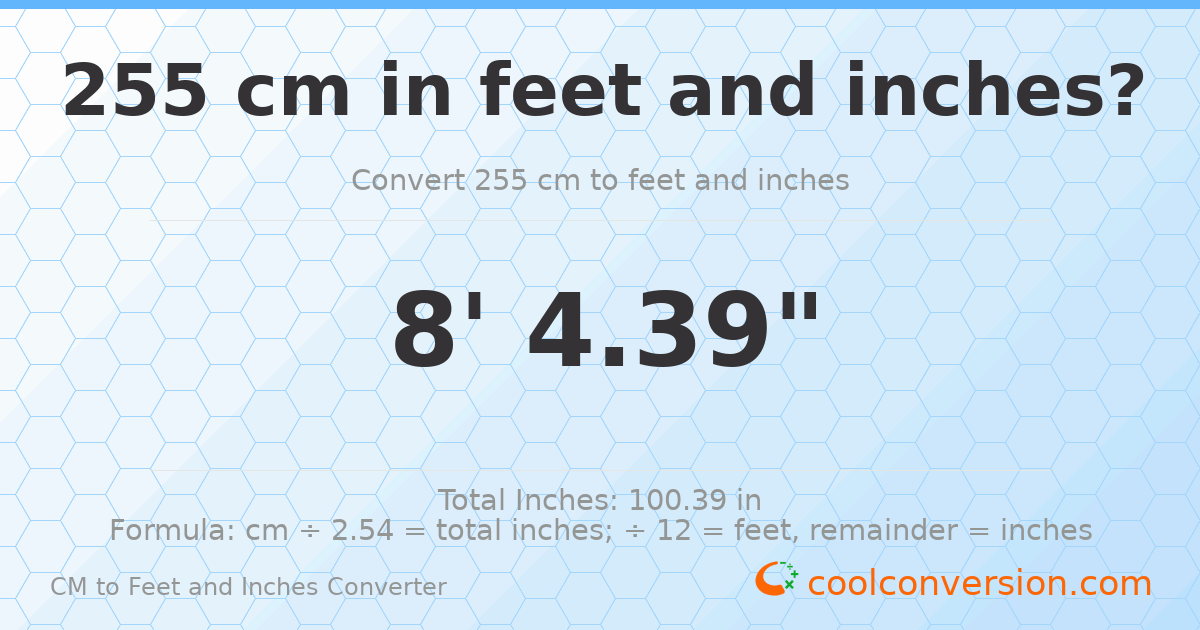 255 cm to feet and inches — 255 cm = 8'4.39"
