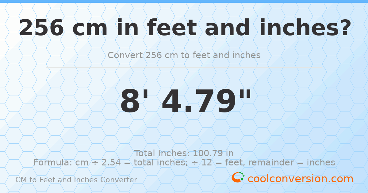 256 cm to feet and inches — 256 cm = 8'4.79"