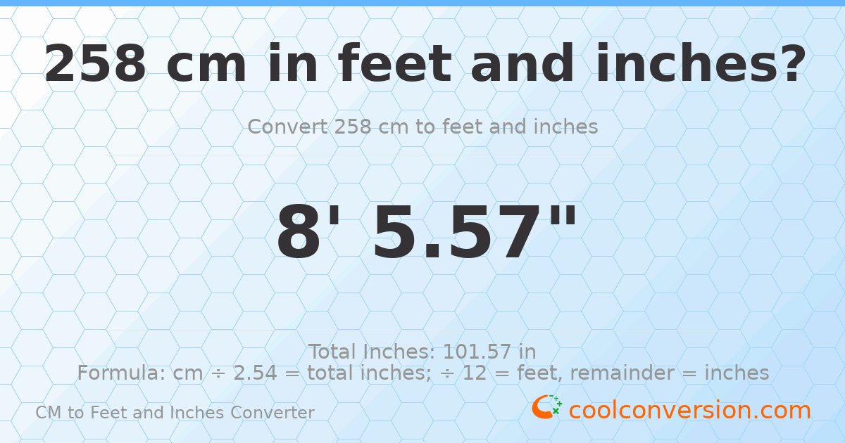 258 cm to feet and inches — 258 cm = 8'5.57"