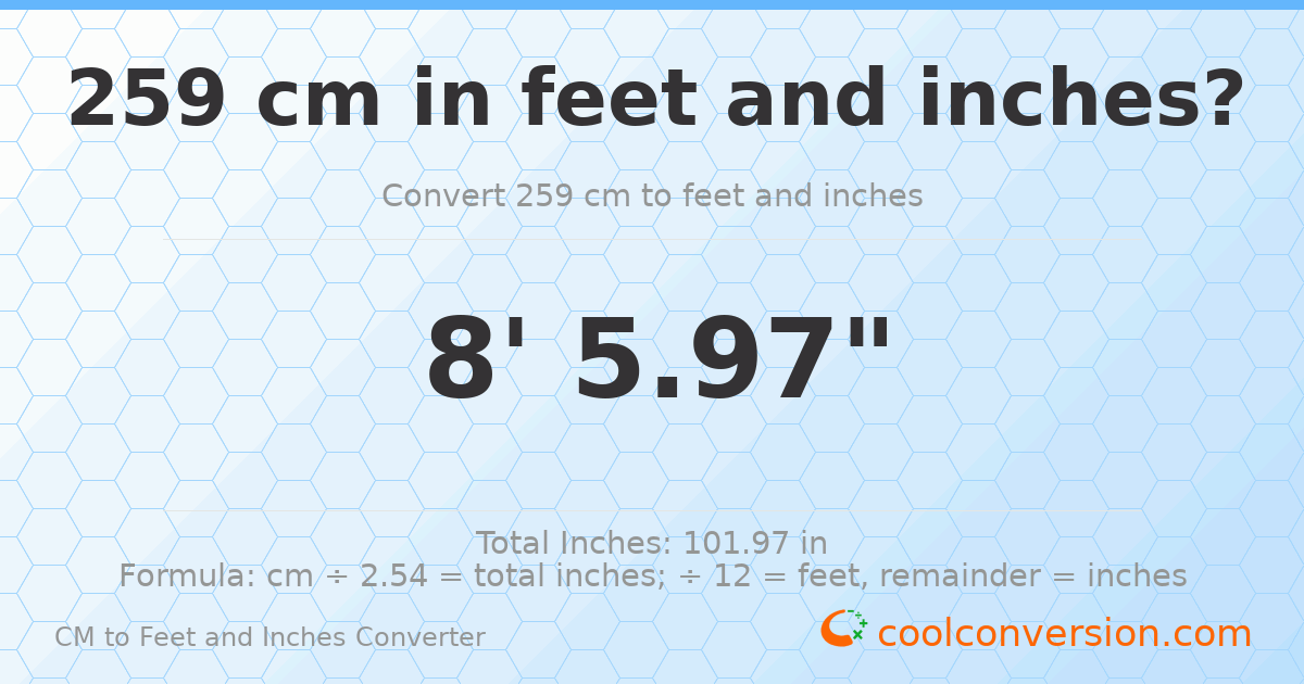 259 cm to feet and inches — 259 cm = 8'5.97"