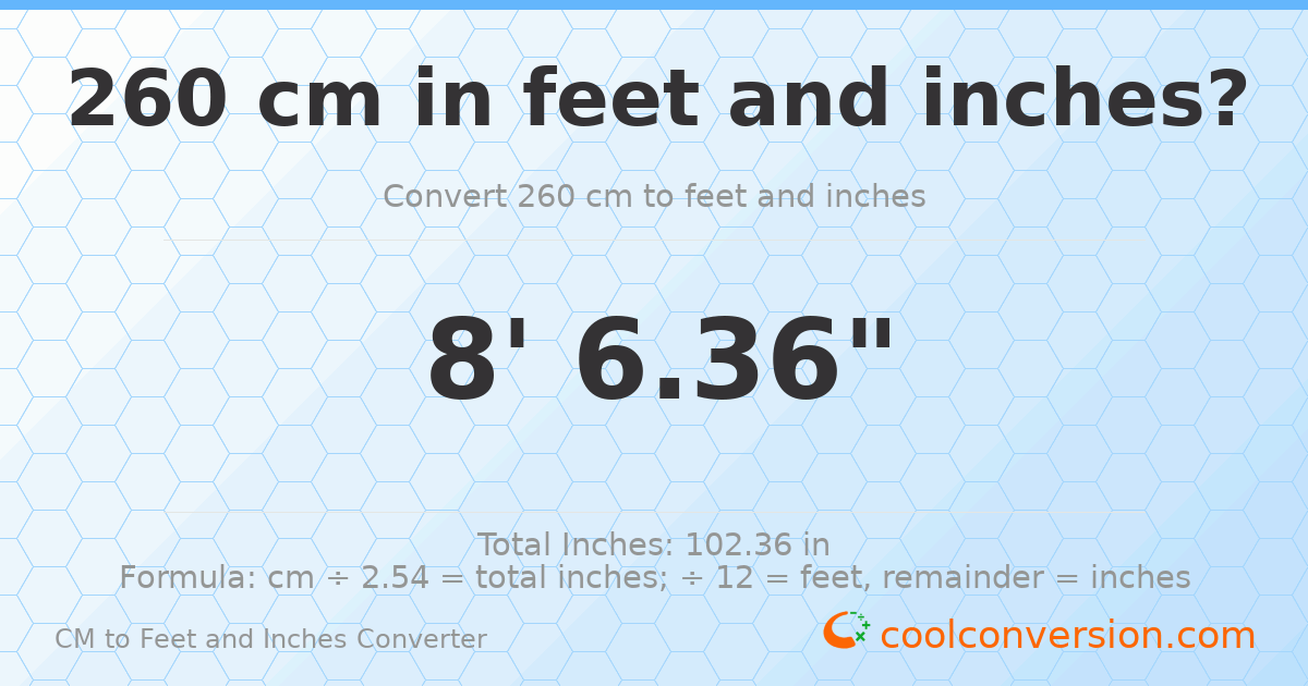260 cm to feet and inches — 260 cm = 8'6.36"