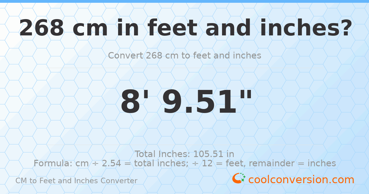 268 cm to feet and inches — 268 cm = 8'9.51"