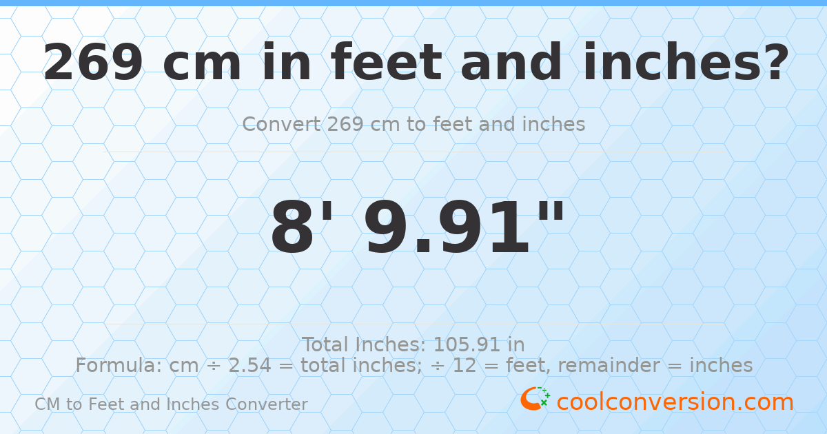 269 cm to feet and inches — 269 cm = 8'9.91"