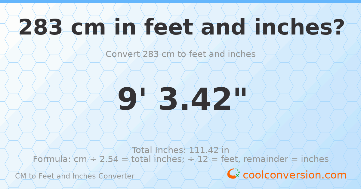 283 cm to feet and inches — 283 cm = 9'3.42"